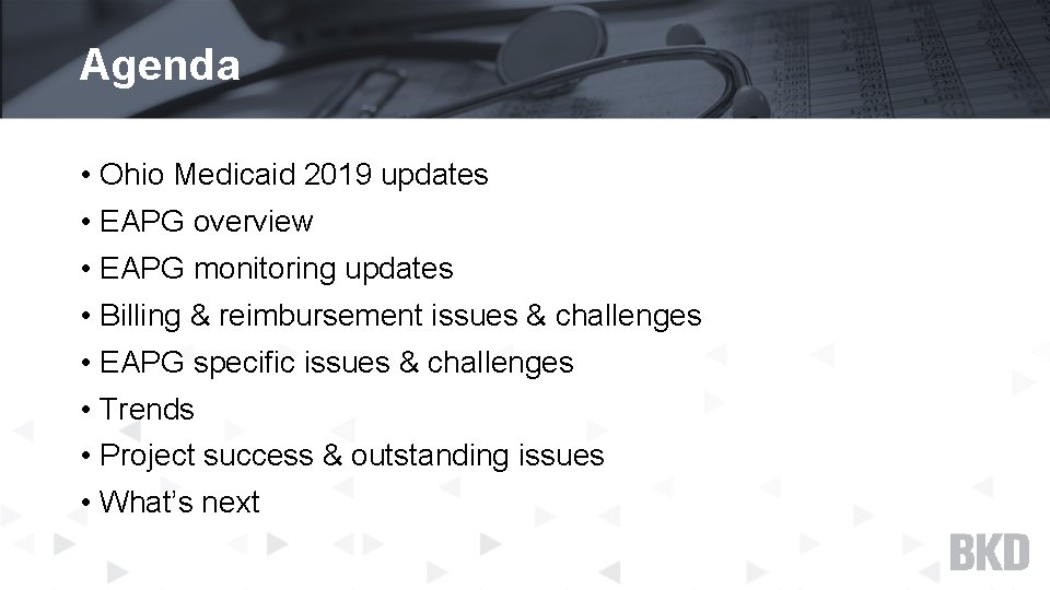 Agenda • Ohio Medicaid 2019 updates • EAPG overview • EAPG monitoring updates •