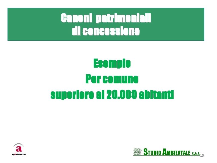 Canoni patrimoniali di concessione Esempio Per comune superiore ai 20. 000 abitanti 15 