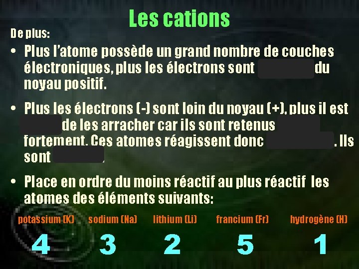 Les cations De plus: • Plus l’atome possède un grand nombre de couches électroniques,