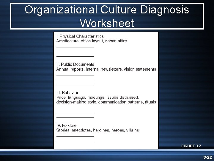 Organizational Culture Diagnosis Worksheet FIGURE 3. 7 3 -22 