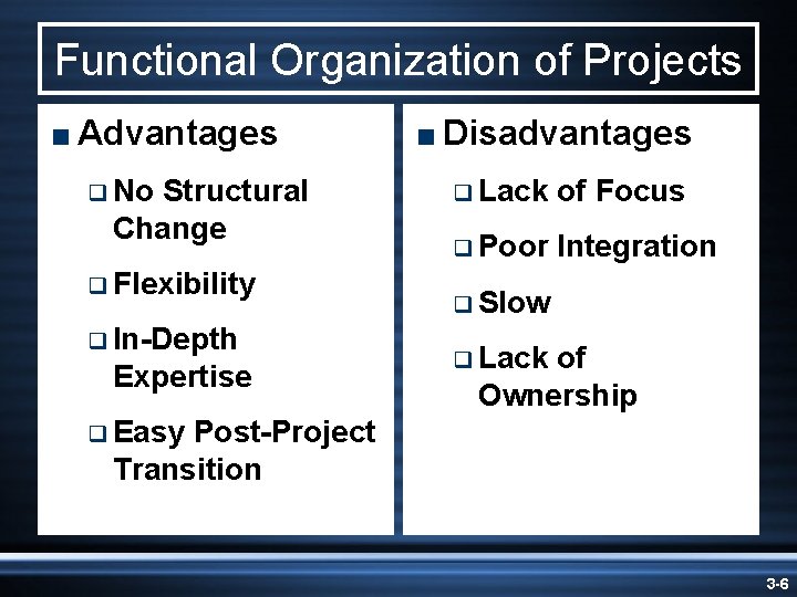 Functional Organization of Projects < Advantages q No Structural Change q Flexibility q In-Depth