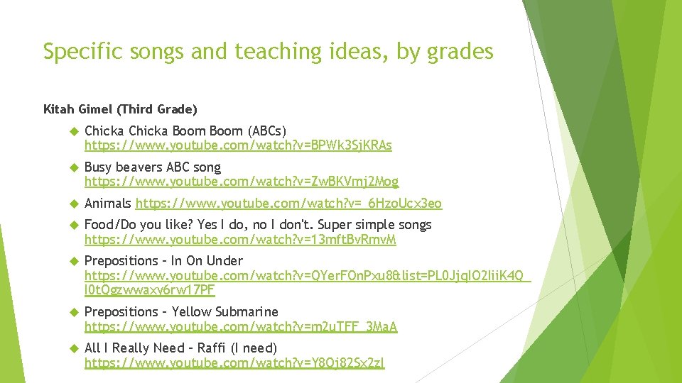 Specific songs and teaching ideas, by grades Kitah Gimel (Third Grade) Chicka Boom (ABCs)