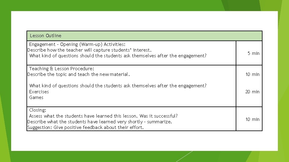 Lesson Outline Engagement – Opening (Warm-up) Activities: Describe how the teacher will capture students’