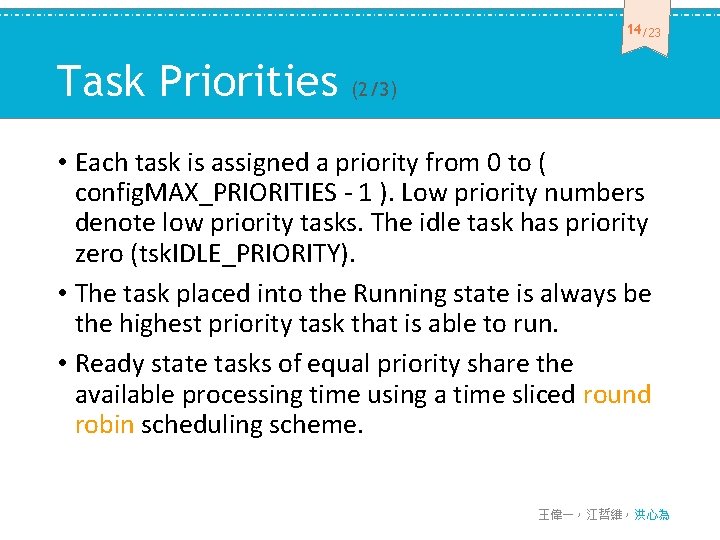 14 /23 Task Priorities (2/3) • Each task is assigned a priority from 0