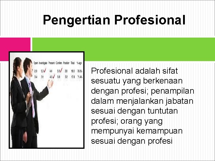 Pengertian Profesional adalah sifat sesuatu yang berkenaan dengan profesi; penampilan dalam menjalankan jabatan sesuai