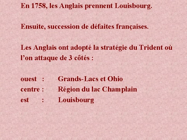 En 1758, les Anglais prennent Louisbourg. Ensuite, succession de défaites françaises. Les Anglais ont