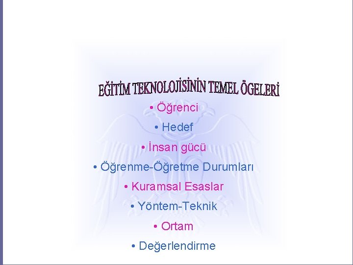  • Öğrenci • Hedef • İnsan gücü • Öğrenme-Öğretme Durumları • Kuramsal Esaslar