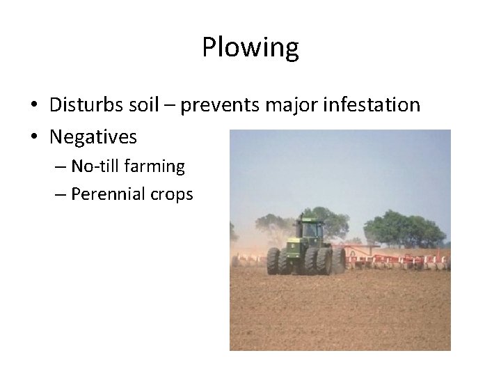 Plowing • Disturbs soil – prevents major infestation • Negatives – No-till farming –