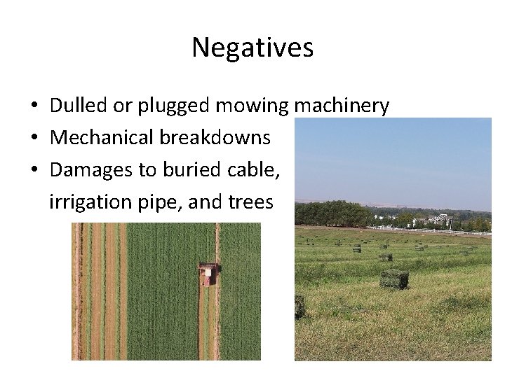 Negatives • Dulled or plugged mowing machinery • Mechanical breakdowns • Damages to buried