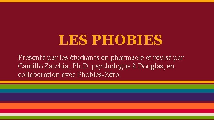 LES PHOBIES Présenté par les étudiants en pharmacie et révisé par Camillo Zacchia, Ph.