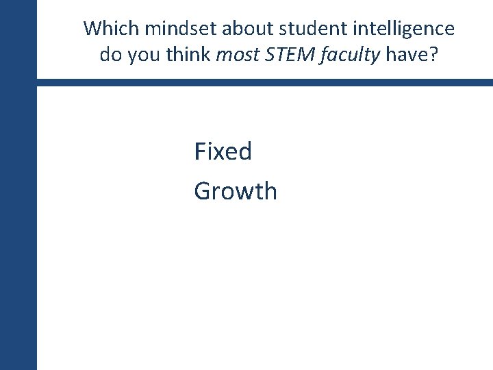 Which mindset about student intelligence do you think most STEM faculty have? Fixed Growth