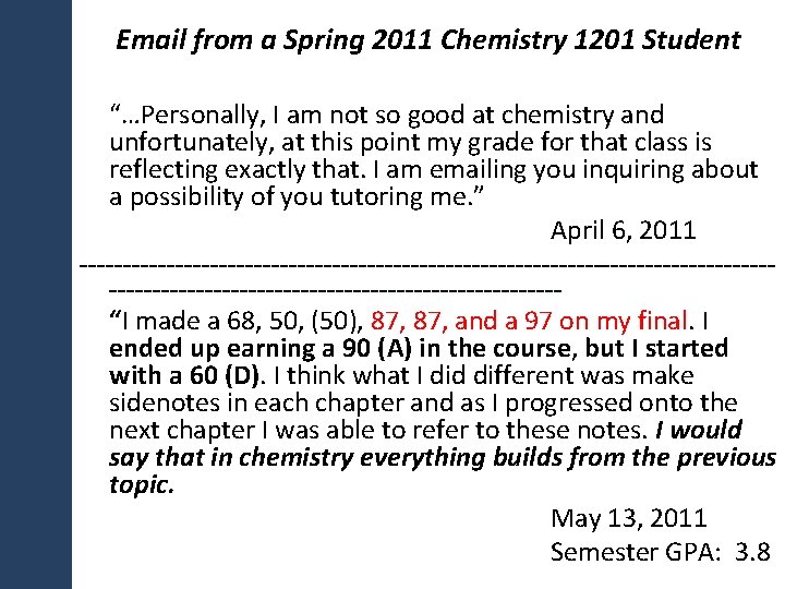 Email from a Spring 2011 Chemistry 1201 Student “…Personally, I am not so good