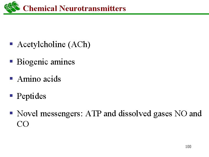 Chemical Neurotransmitters § Acetylcholine (ACh) § Biogenic amines § Amino acids § Peptides §