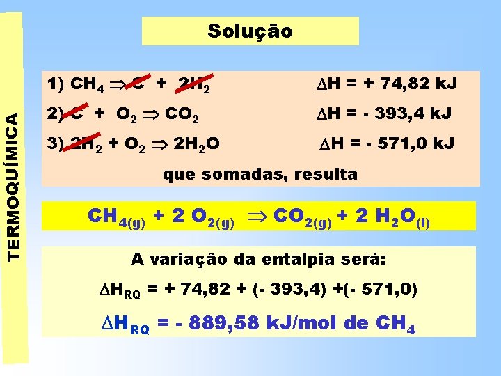 TERMOQUÍMICA Solução 1) CH 4 C + 2 H 2 H = + 74, TERMOQUÍMICA Solução 1) CH 4 C + 2 H 2 H = + 74,