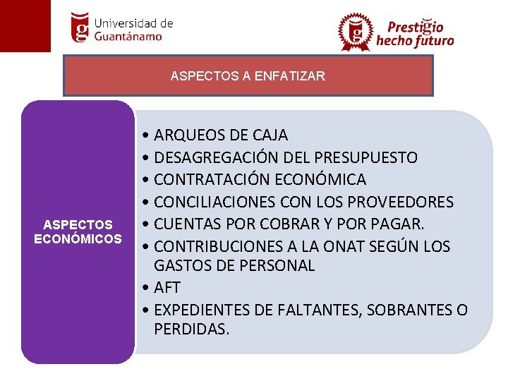 ASPECTOS A ENFATIZAR ASPECTOS ECONÓMICOS • ARQUEOS DE CAJA • DESAGREGACIÓN DEL PRESUPUESTO •