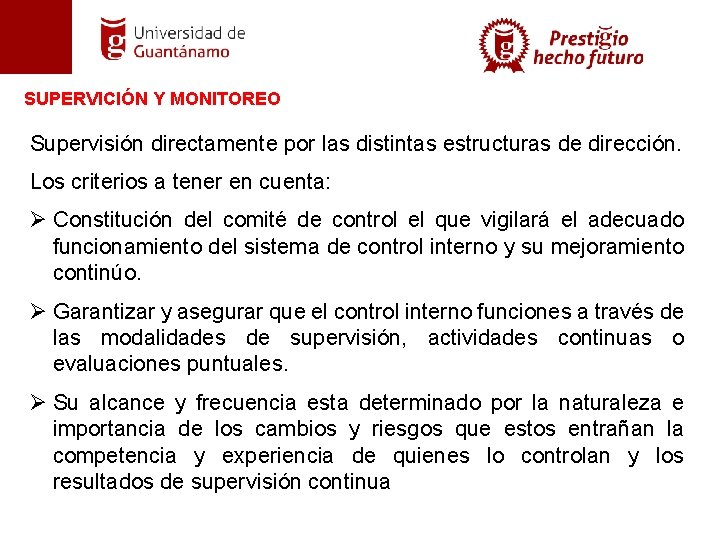 SUPERVICIÓN Y MONITOREO Supervisión directamente por las distintas estructuras de dirección. Los criterios a