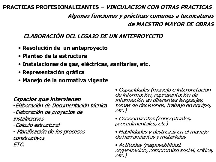 PRACTICAS PROFESIONALIZANTES – VINCULACION CON OTRAS PRACTICAS Algunas funciones y prácticas comunes a tecnicaturas