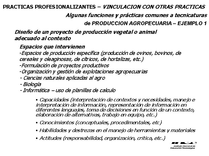 PRACTICAS PROFESIONALIZANTES – VINCULACION CON OTRAS PRACTICAS Algunas funciones y prácticas comunes a tecnicaturas