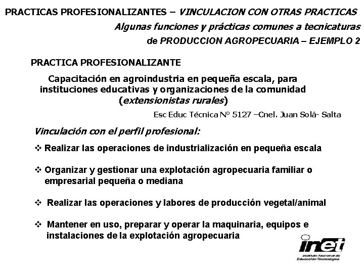 PRACTICAS PROFESIONALIZANTES – VINCULACION CON OTRAS PRACTICAS Algunas funciones y prácticas comunes a tecnicaturas