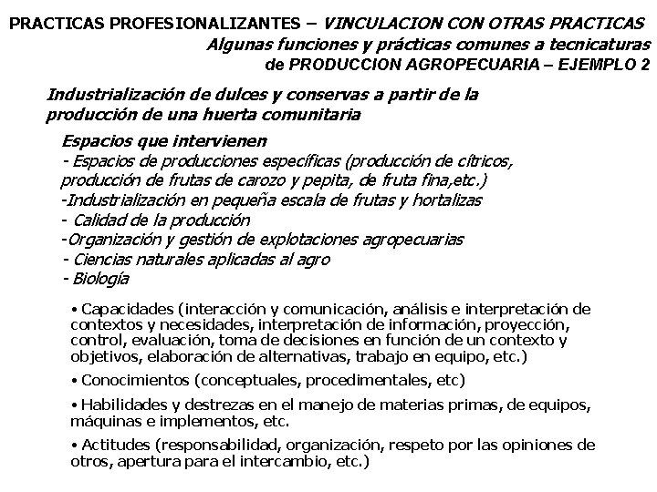 PRACTICAS PROFESIONALIZANTES – VINCULACION CON OTRAS PRACTICAS Algunas funciones y prácticas comunes a tecnicaturas