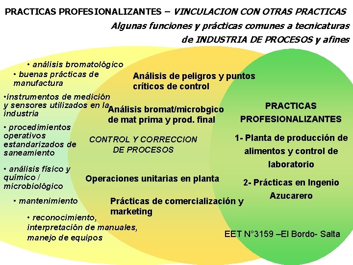 PRACTICAS PROFESIONALIZANTES – VINCULACION CON OTRAS PRACTICAS Algunas funciones y prácticas comunes a tecnicaturas