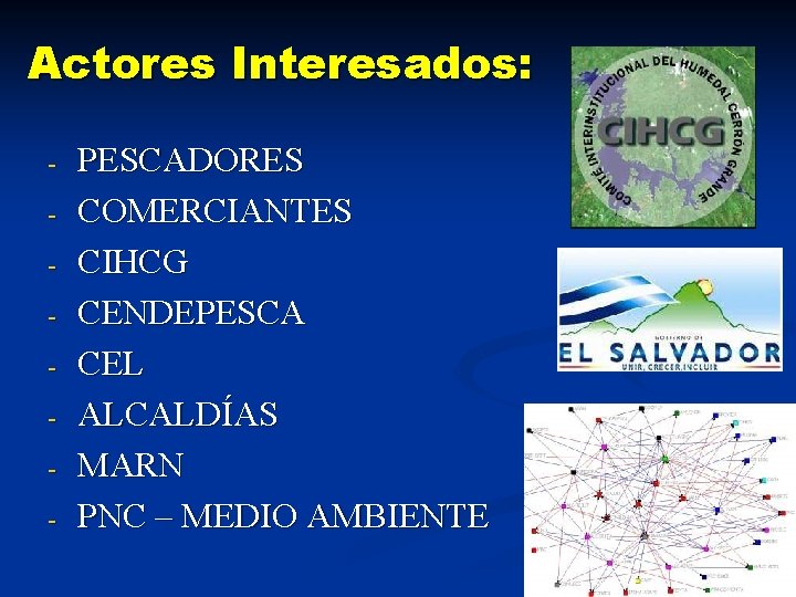 Actores Interesados: - PESCADORES COMERCIANTES CIHCG CENDEPESCA CEL ALCALDÍAS MARN PNC – MEDIO AMBIENTE