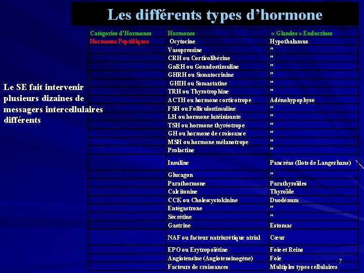 Les différents types d’hormone Catégories d’Hormones Peptidiques Le SE fait intervenir plusieurs dizaines de