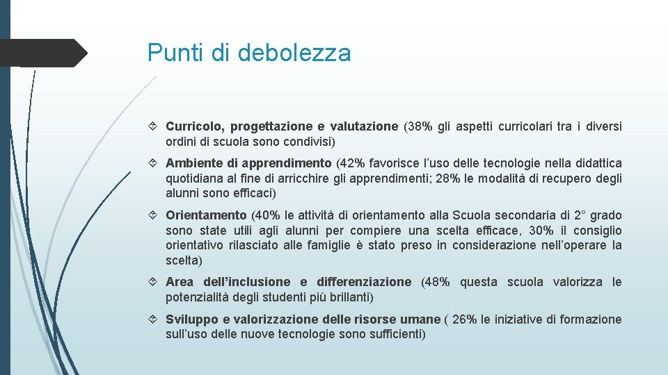 Punti di debolezza Curricolo, progettazione e valutazione (38% gli aspetti curricolari tra i diversi