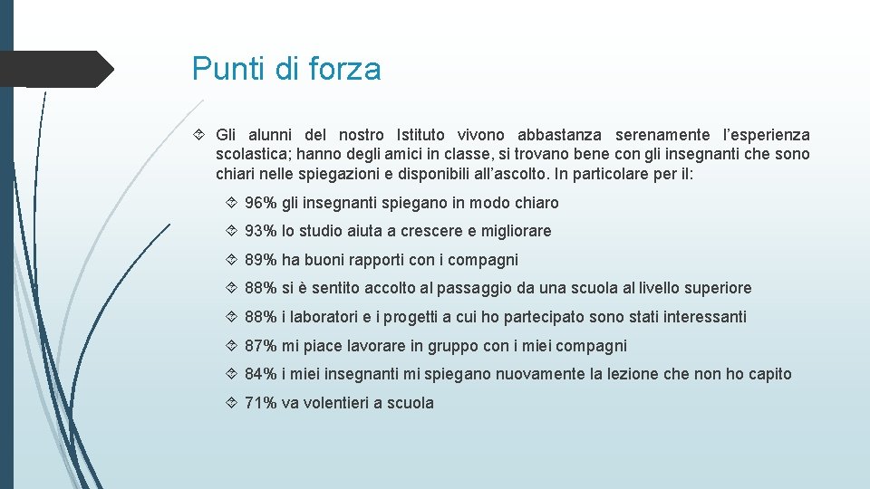 Punti di forza Gli alunni del nostro Istituto vivono abbastanza serenamente l’esperienza scolastica; hanno