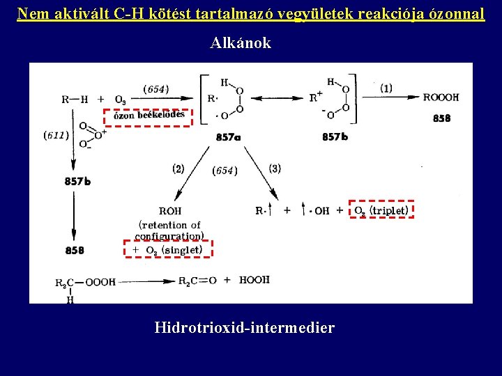 Nem aktivált C-H kötést tartalmazó vegyületek reakciója ózonnal Alkánok Hidrotrioxid-intermedier 