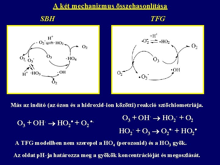 A két mechanizmus összehasonlítása SBH TFG Más az indító (az ózon és a hidroxid-ion