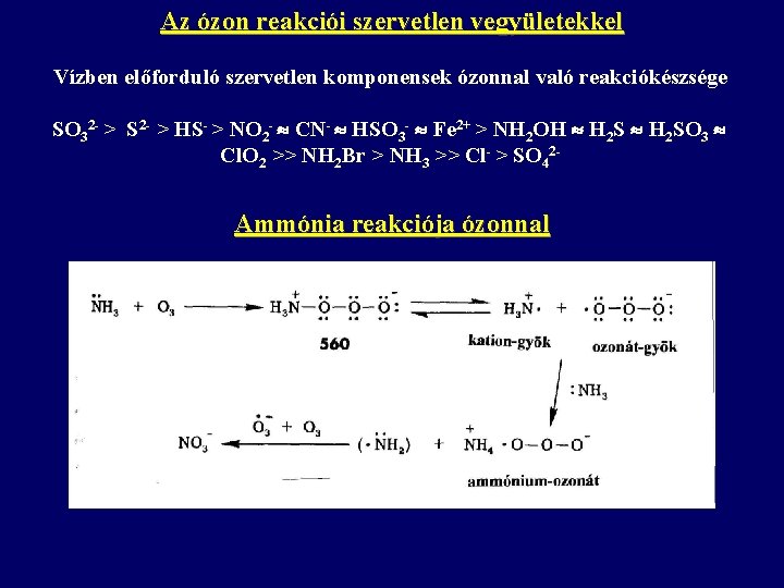 Az ózon reakciói szervetlen vegyületekkel Vízben előforduló szervetlen komponensek ózonnal való reakciókészsége SO 32