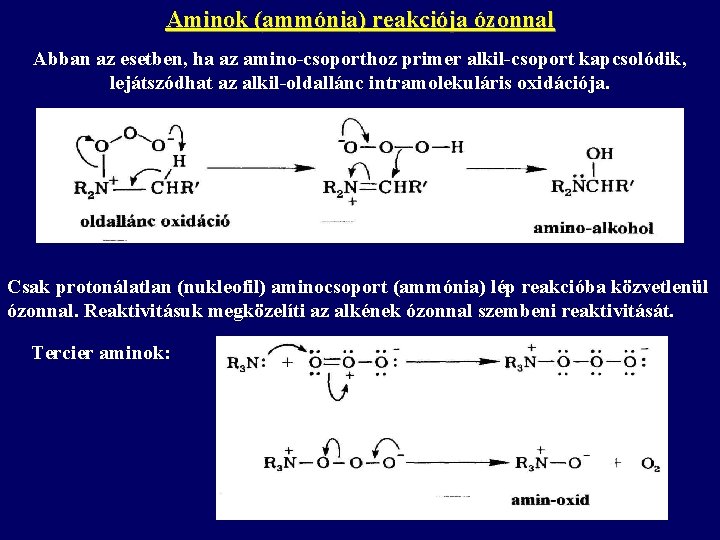 Aminok (ammónia) reakciója ózonnal Abban az esetben, ha az amino-csoporthoz primer alkil-csoport kapcsolódik, lejátszódhat