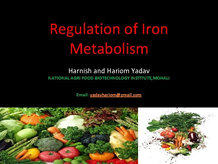 Regulation of Iron Metabolism Harnish and Hariom Yadav NATIONAL AGRI FOOD BIOTECHNOLOGY INSTITUTE, MOHALI