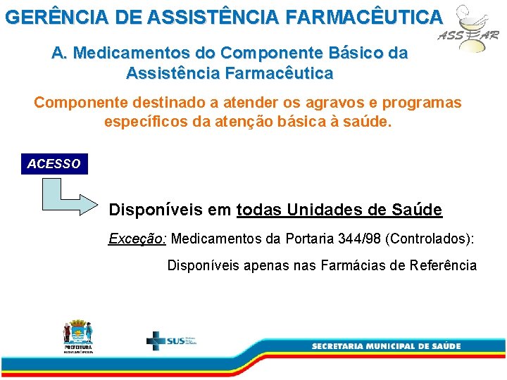 GERÊNCIA DE ASSISTÊNCIA FARMACÊUTICA A. Medicamentos do Componente Básico da Assistência Farmacêutica Componente destinado