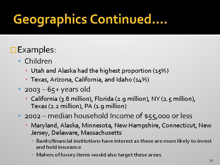 Geographics Continued…. �Examples: Children ▪ Utah and Alaska had the highest proportion (15%) ▪