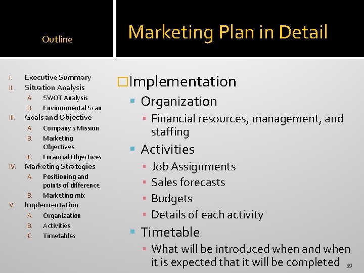 Outline I. II. Executive Summary Situation Analysis A. B. III. Goals and Objective A.