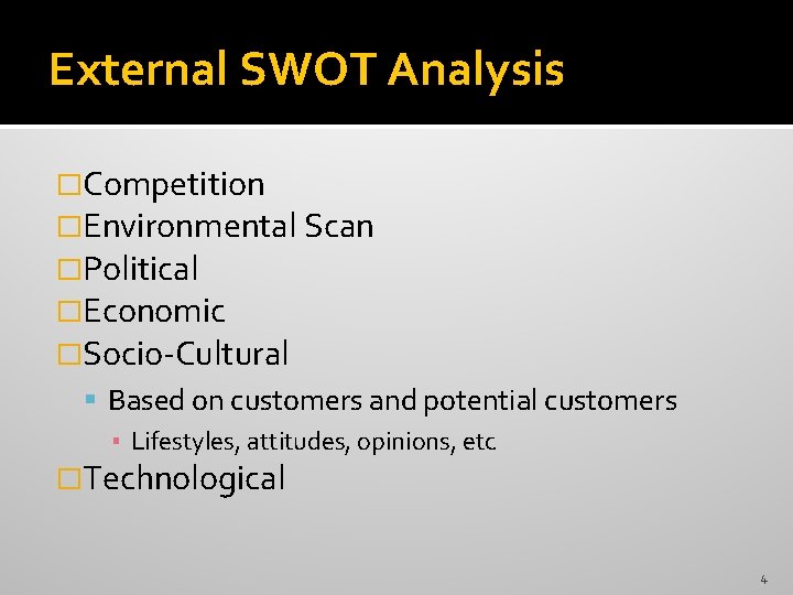External SWOT Analysis �Competition �Environmental Scan �Political �Economic �Socio-Cultural Based on customers and potential External SWOT Analysis �Competition �Environmental Scan �Political �Economic �Socio-Cultural Based on customers and potential