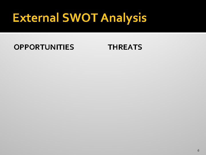 External SWOT Analysis OPPORTUNITIES THREATS 6 