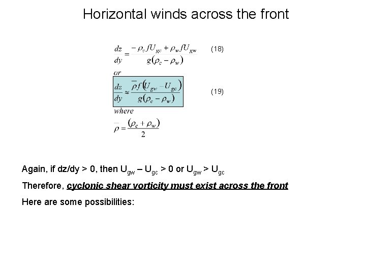 Horizontal winds across the front (18) (19) Again, if dz/dy > 0, then Ugw