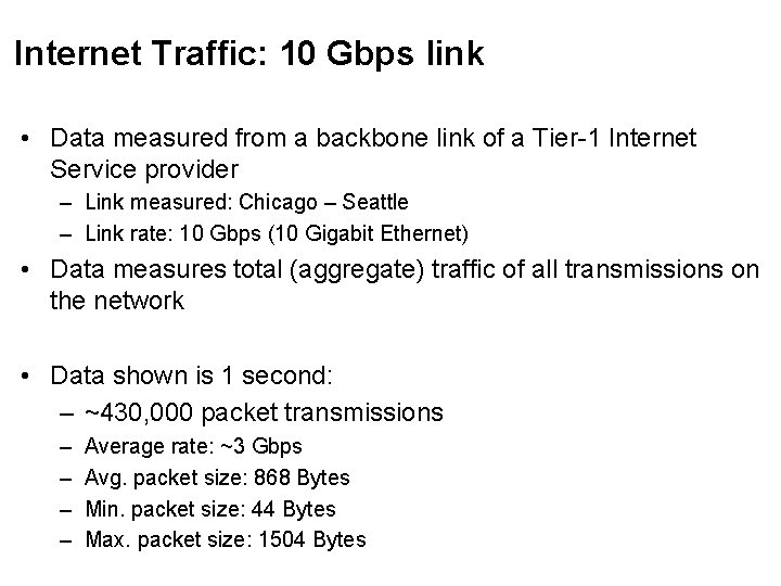 Internet Traffic: 10 Gbps link • Data measured from a backbone link of a