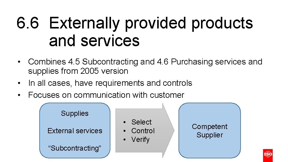 6. 6 Externally provided products and services • Combines 4. 5 Subcontracting and 4.