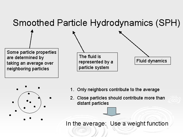 Smoothed Particle Hydrodynamics (SPH) Some particle properties are determined by taking an average over