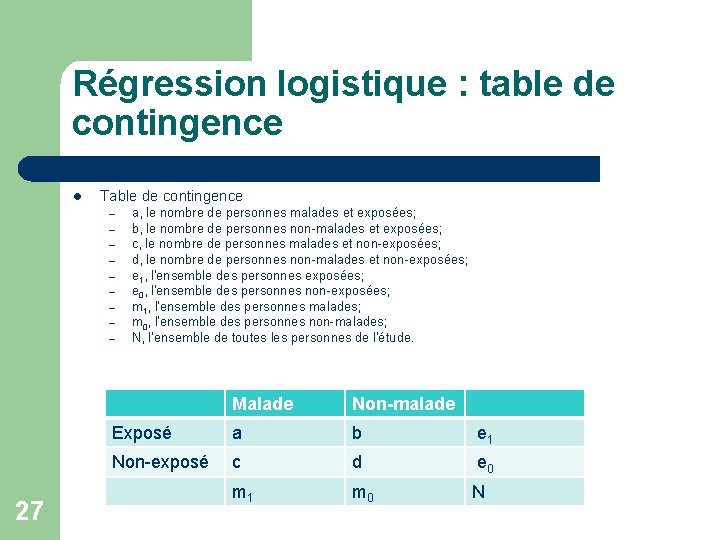 Régression logistique : table de contingence l Table de contingence – – – –
