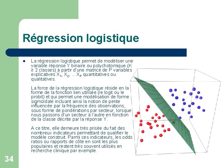 Régression logistique l La régression logistique permet de modéliser une variable réponse Y binaire