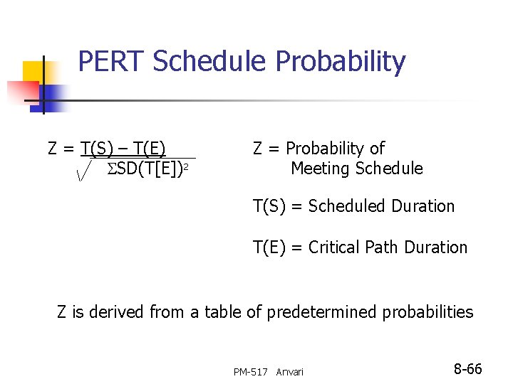 PERT Schedule Probability Z = T(S) – T(E) SSD(T[E])2 Z = Probability of Meeting