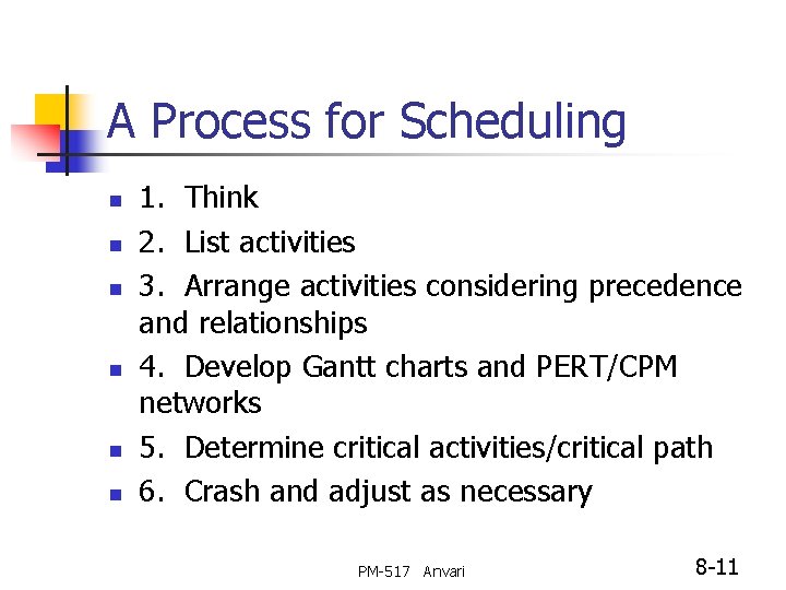 A Process for Scheduling n n n 1. Think 2. List activities 3. Arrange