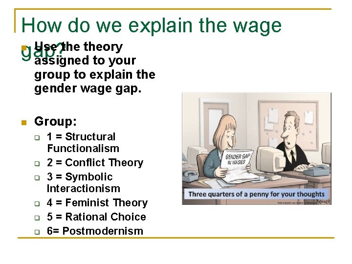 How do we explain the wage n Use theory gap? assigned to your group