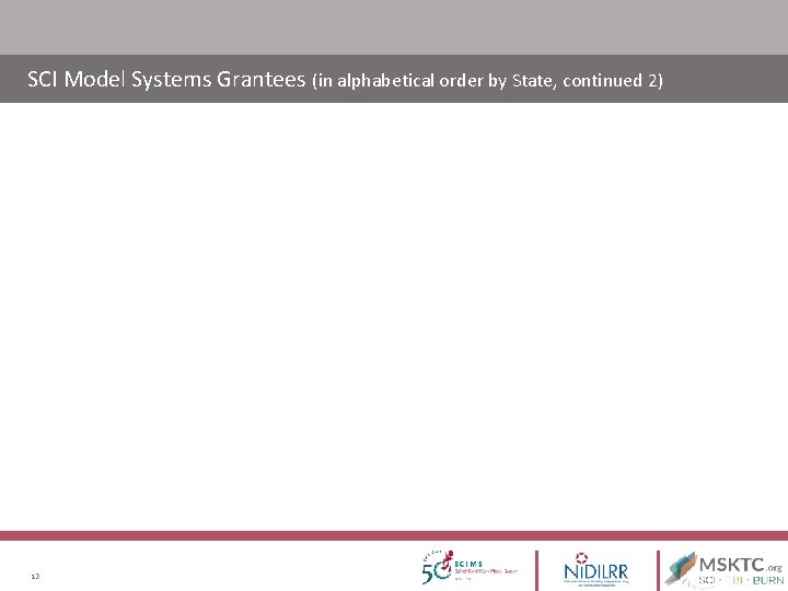 SCI Model Systems Grantees (in alphabetical order by State, continued 2) 13 SCI Model Systems Grantees (in alphabetical order by State, continued 2) 13
