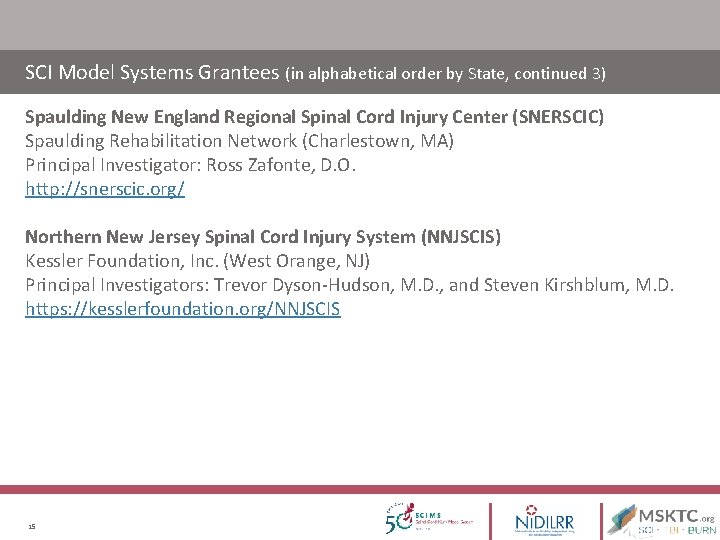 SCI Model Systems Grantees (in alphabetical order by State, continued 3) Spaulding New England SCI Model Systems Grantees (in alphabetical order by State, continued 3) Spaulding New England